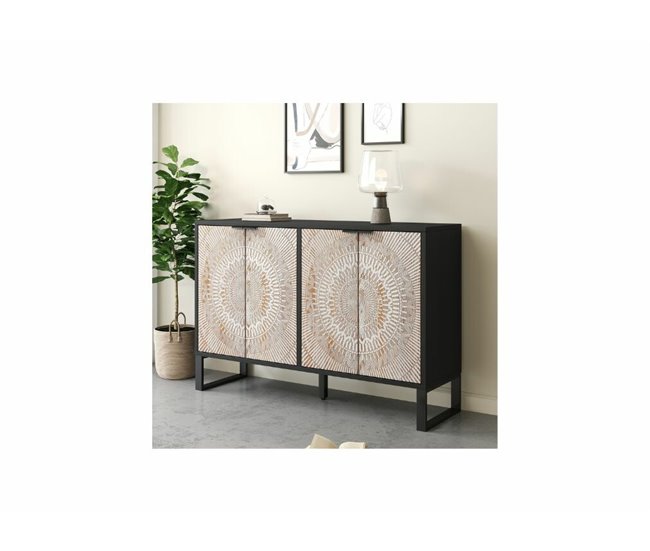 Aparador vintage com 4 portas perfiladas, prateleiras interiores Preto