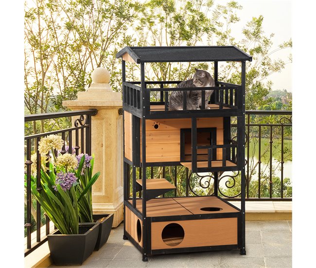 Casa para Gatos de Madeira Madeira de abeto PawHut Castanho