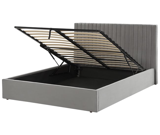 Beliani Cama com armazenamento Veludo VION 177x216 Cinza
