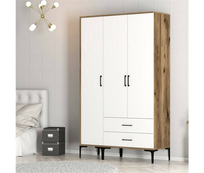 Armário de 3 portas com efeito madeira 120 Branco/ Madeira