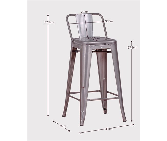 Banqueta industrial de metal com encosto baixo  - Bistro AlumÍnio