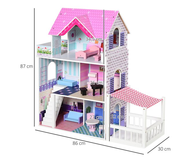 Casa de Bonecas Madeira de Pinho e MDF HOMCOM Rosa