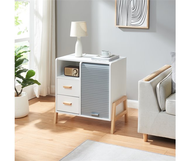 Aparador Kvaefjord com 1 porta de tambor [en.casa] Branco/cinza