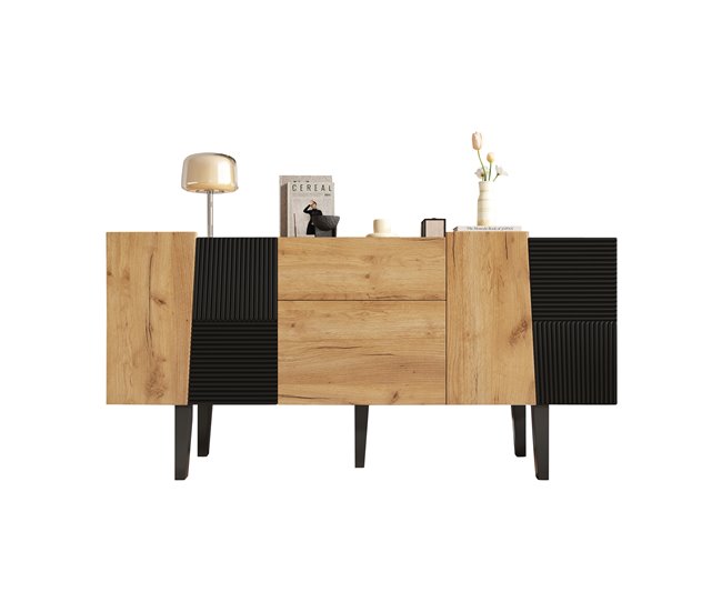 Aparador de painel de partículas com 4 portas e 2 gavetas Preto/ Madeira