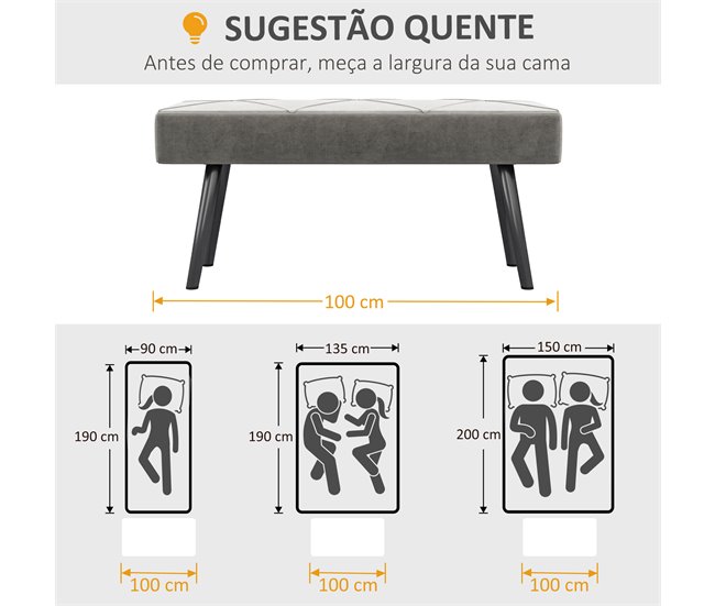 Banco de Pé Aço, Espuma e Poliéster HOMCOM 36x100 Cinza