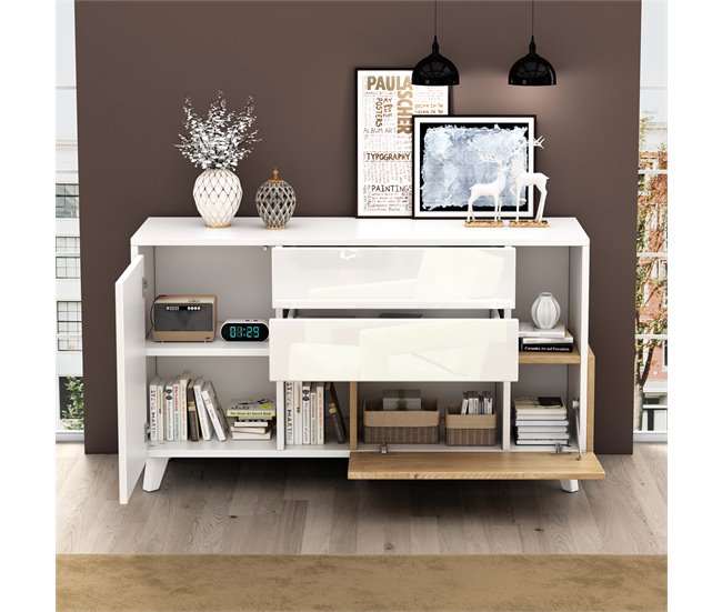 Aparador de painel de partículas com 2 portas e 2 gavetas Branco/ Madeira