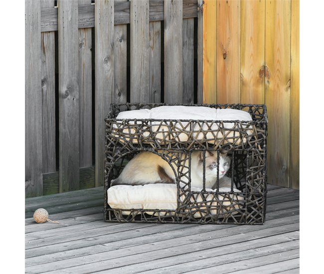 Cesta de Vime para Gatos Metal, Vime PE e Algodão PP PawHut Castanho