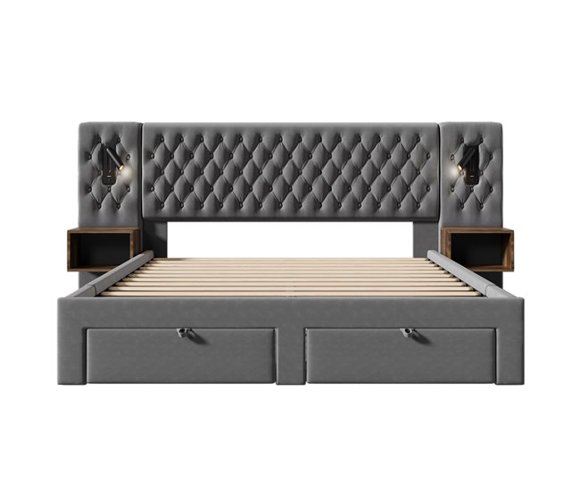 Conjunto completo para quarto 160x200 cm - cama estofada com 2 mesas de cabeceira, 4 gavetas, luz led com porta usb - cinza