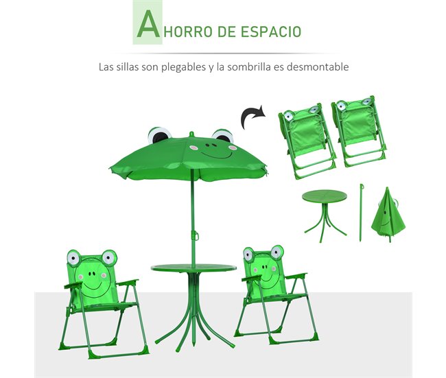 Conjunto Mesa e Cadeiras Exterior Infantil Metal e Poliéster Verde