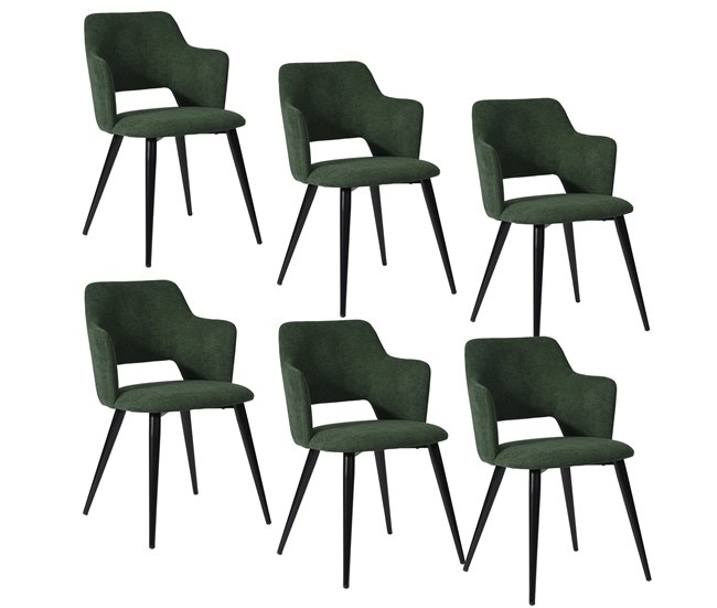 Conjunto de 6 cadeiras de jantar estofadas em tecido verde com design ergonómico e pernas metálicas pretas, estilo moderno ideal para sala de jantar ou cozinha, assentos confortáveis e suportam até 120 kg cada uma