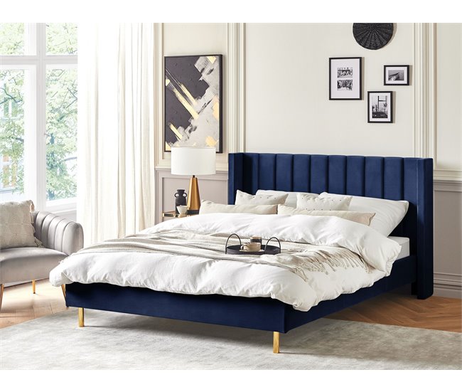 Beliani Cama com estrado Veludo VILLETTE 205x222 Azul Marino