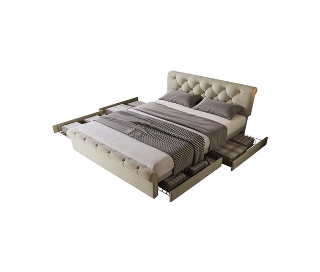 Cama de casal de linho com 4 gavetas