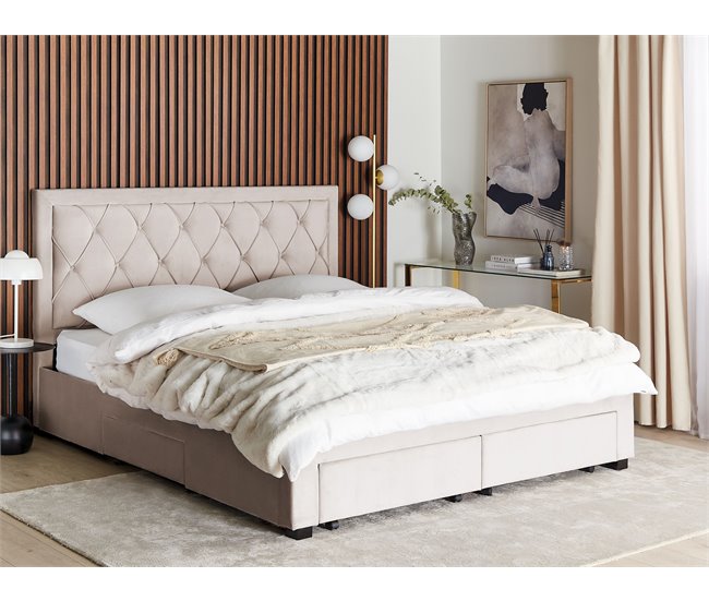 Beliani Cama com armazenamento Veludo LIEVIN 185x217 Bege