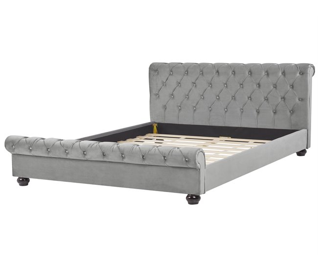 Beliani Cama com estrado Veludo AVALLON 233x192 Cinza Claro