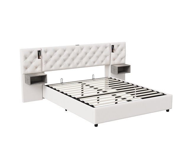 Cama boxspring com usb, led, armazenamento e cabeceira de veludo