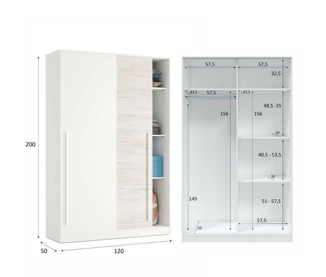 Armário 2 portas com efeito madeira 120 Branco