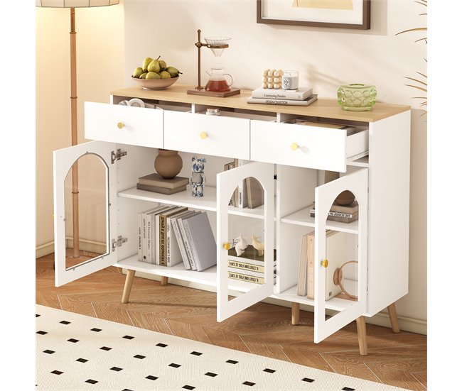 Aparador de painel de partículas com 3 portas e 3 gavetas Natural/ Branco