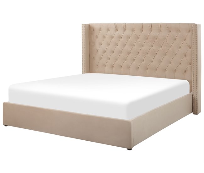 Beliani Cama com armazenamento Veludo LUBBON 190x217 Bege