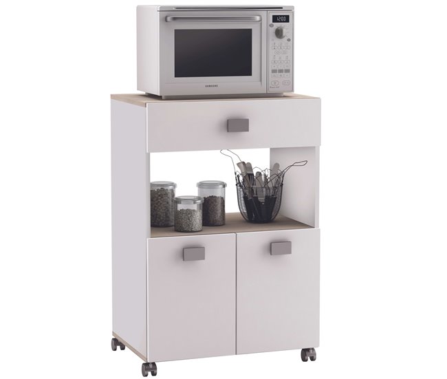 Armário auxiliar de cozinha com 2 portas e 1 gaveta Branco/ Madeira