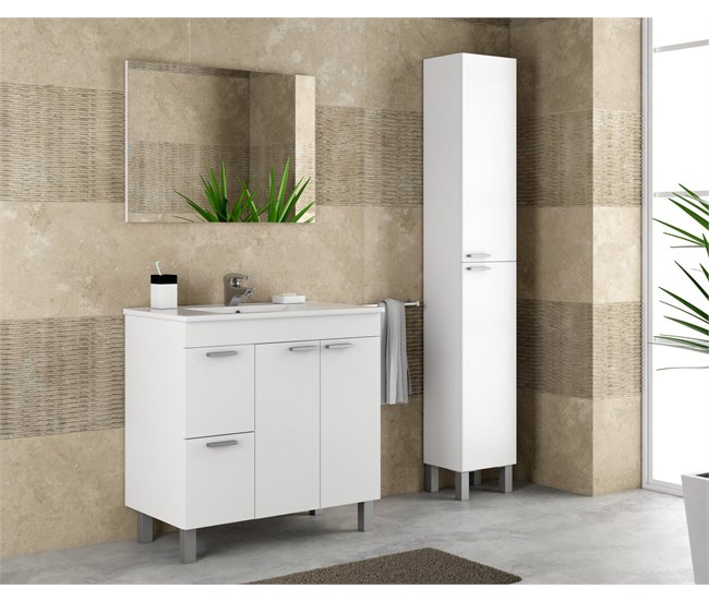 Armário de casa de banho com 2 portas, 2 gavetas e um espelho Dgabett 80 Branco Brillo