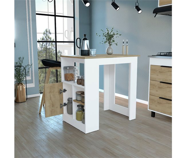Ilha de cozinha Oviedo em melamina com mini armário de 1 porta e prateleiras laterais Natural/ Branco