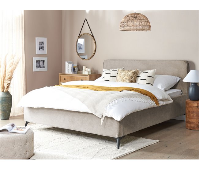 Beliani Cama com estrado Poliéster VALOGNES 192x220 Cinza Claro