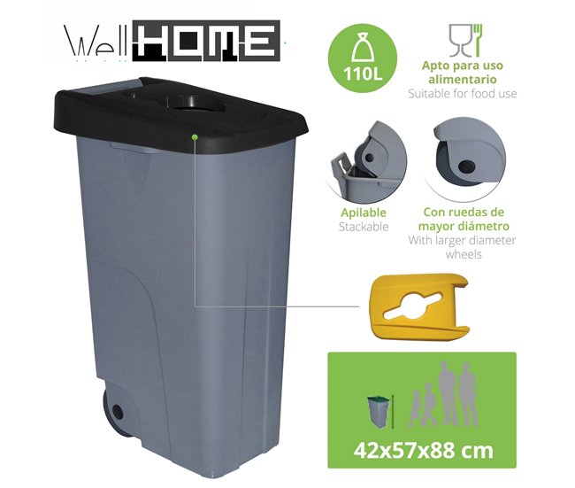 WELL HOME Recipiente Aberto 110L Verde Alt.88cm+10 sacos de lixo 120L Azul