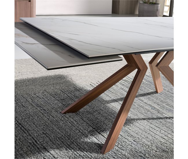 ANGEL CERDA Mesa de jantar extensível retangular em mármore porcelânico e aço com efeito nogueira 260x90 Nogal