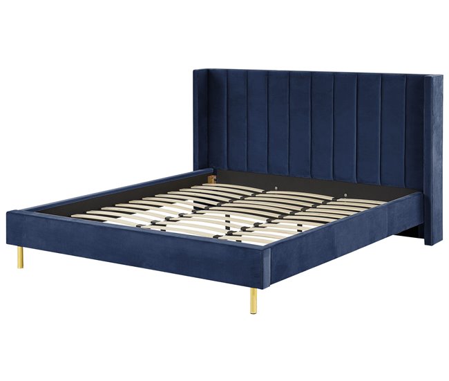 Beliani Cama com estrado Veludo VILLETTE 205x222 Azul Marino