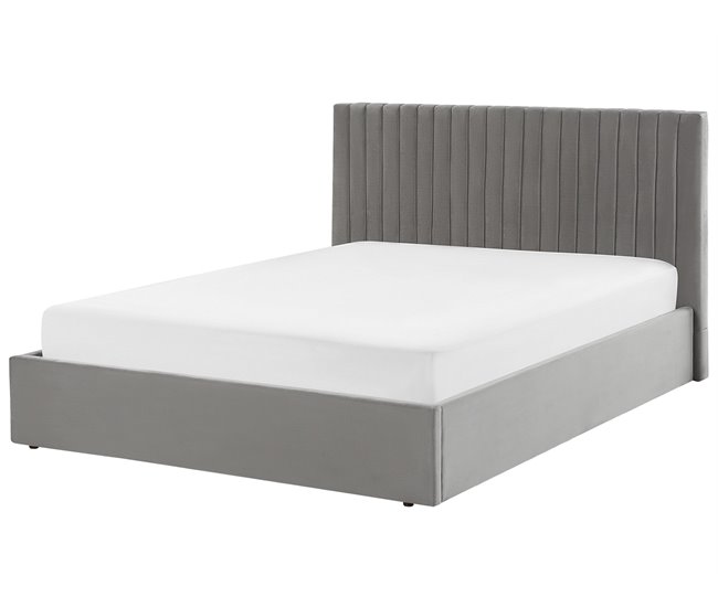 Beliani Cama com armazenamento Veludo VION 177x216 Cinza