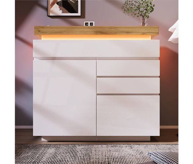 Aparador de painel de partículas com 2 portas e 3 gavetas Natural/ Branco